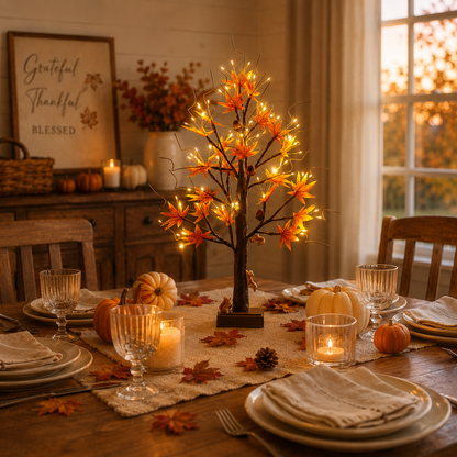 🐿️🍂 Lighted Maple Tree with Woodland Squirrels – Fall & Thanksgiving Home Decor