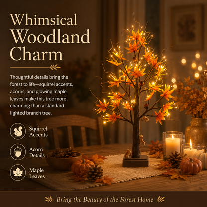 🐿️🍂 Lighted Maple Tree with Woodland Squirrels – Fall & Thanksgiving Home Decor