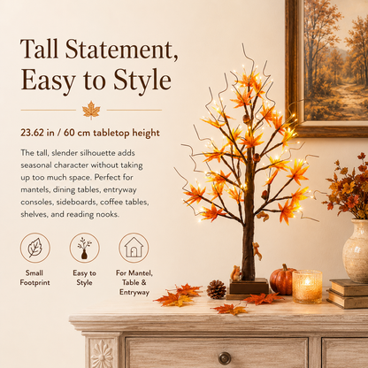 🐿️🍂 Lighted Maple Tree with Woodland Squirrels – Fall & Thanksgiving Home Decor