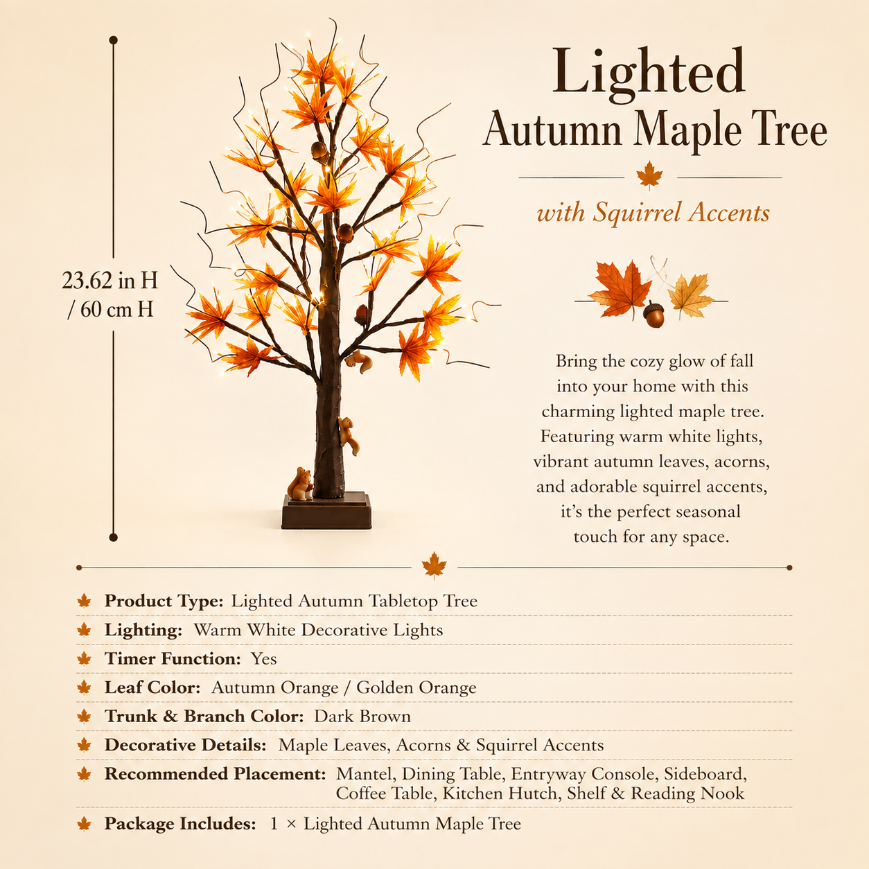 🐿️🍂 Lighted Maple Tree with Woodland Squirrels – Fall & Thanksgiving Home Decor