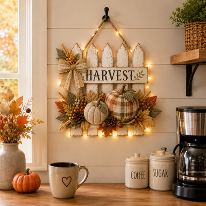 Lighted Rustic Harvest Pumpkin Fence Wall Hanging✨
