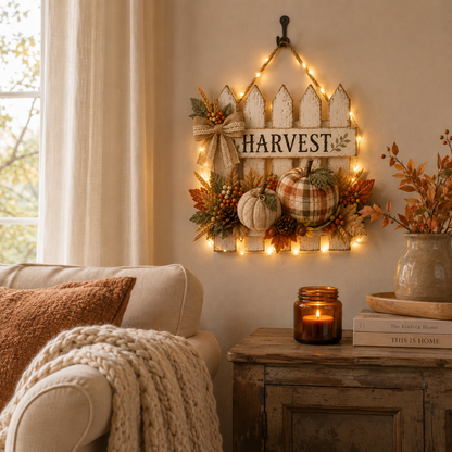 Lighted Rustic Harvest Pumpkin Fence Wall Hanging✨