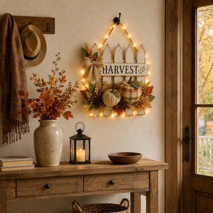 Lighted Rustic Harvest Pumpkin Fence Wall Hanging✨
