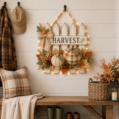 Lighted Rustic Harvest Pumpkin Fence Wall Hanging✨