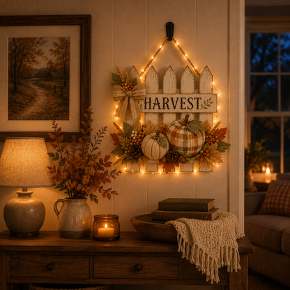 Lighted Rustic Harvest Pumpkin Fence Wall Hanging✨