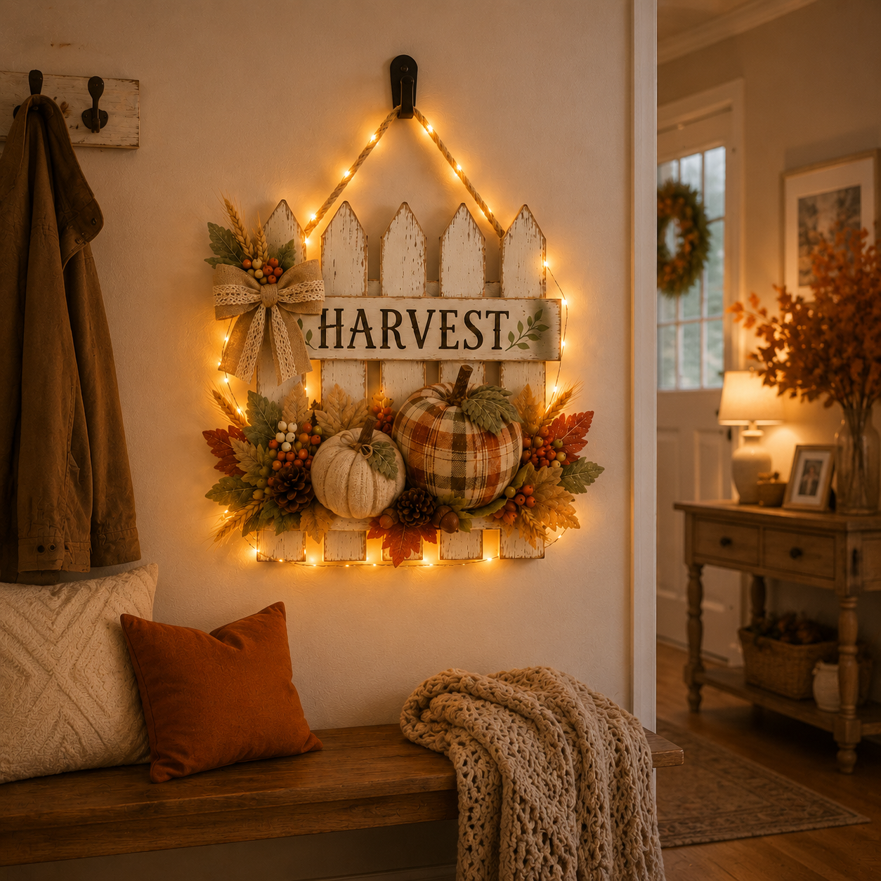Lighted Rustic Harvest Pumpkin Fence Wall Hanging✨