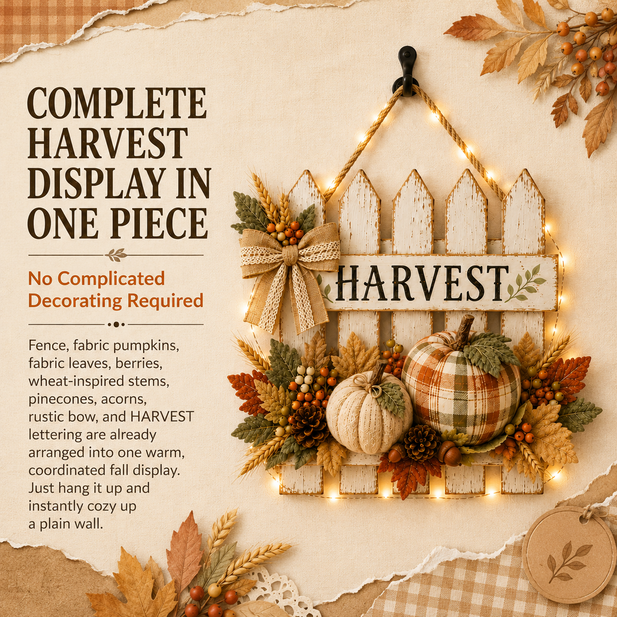 Lighted Rustic Harvest Pumpkin Fence Wall Hanging✨