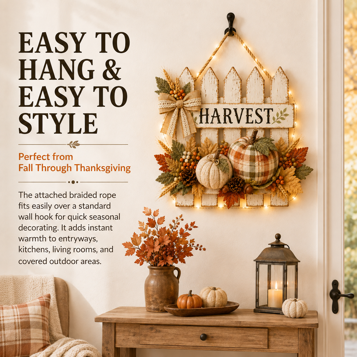 Lighted Rustic Harvest Pumpkin Fence Wall Hanging✨