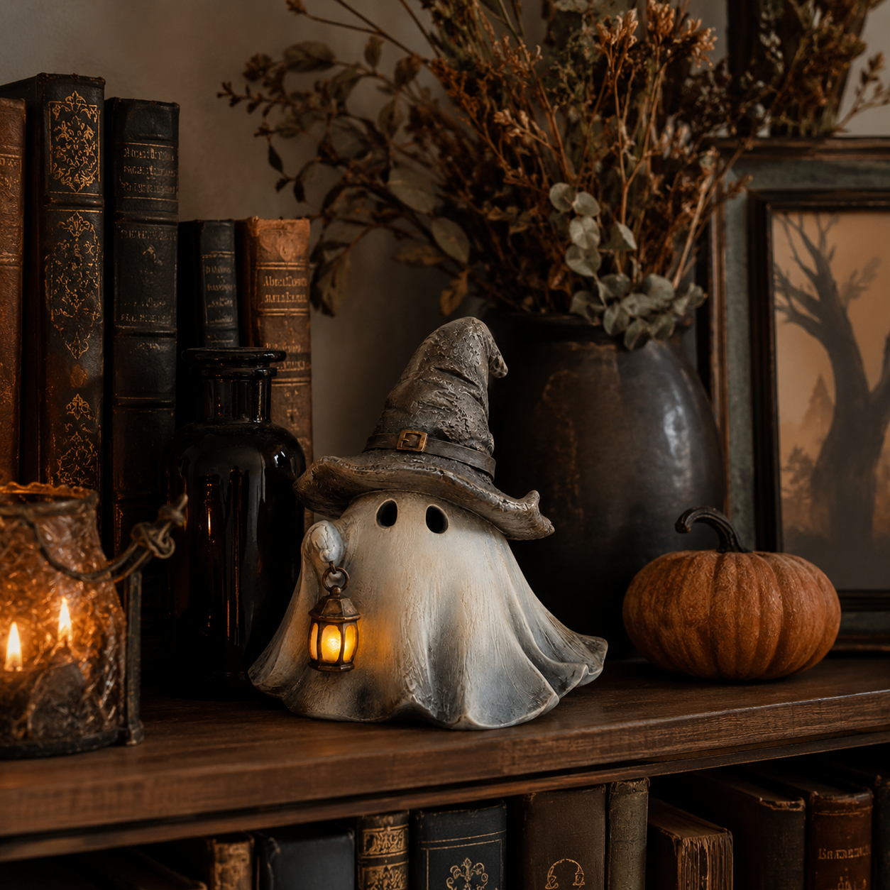 Lighted Witch Hat Ghost Lantern Figurine