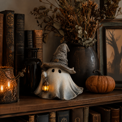 Lighted Witch Hat Ghost Lantern Figurine