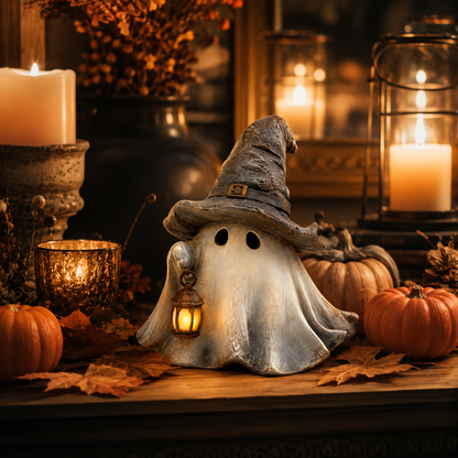 Lighted Witch Hat Ghost Lantern Figurine
