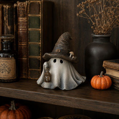 Lighted Witch Hat Ghost Lantern Figurine
