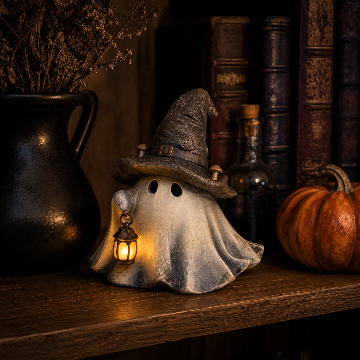 Lighted Witch Hat Ghost Lantern Figurine