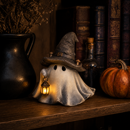 Lighted Witch Hat Ghost Lantern Figurine