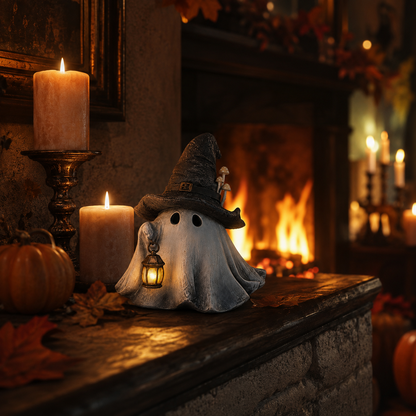 Lighted Witch Hat Ghost Lantern Figurine