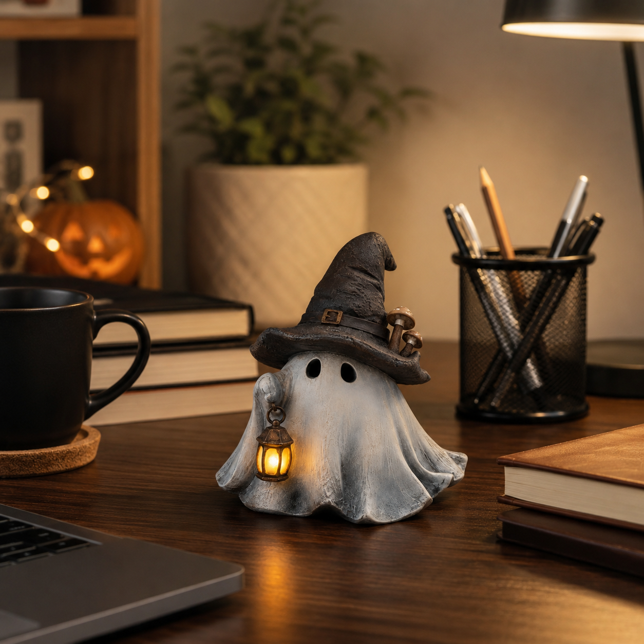 Lighted Witch Hat Ghost Lantern Figurine