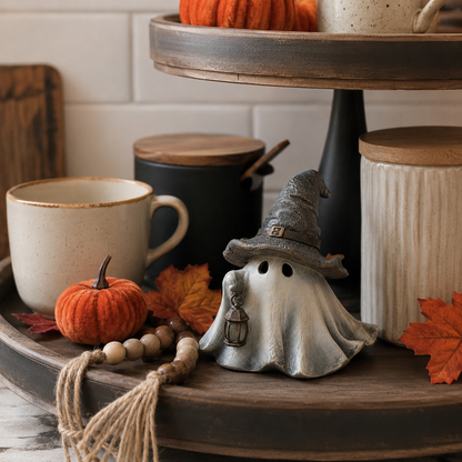 Lighted Witch Hat Ghost Lantern Figurine