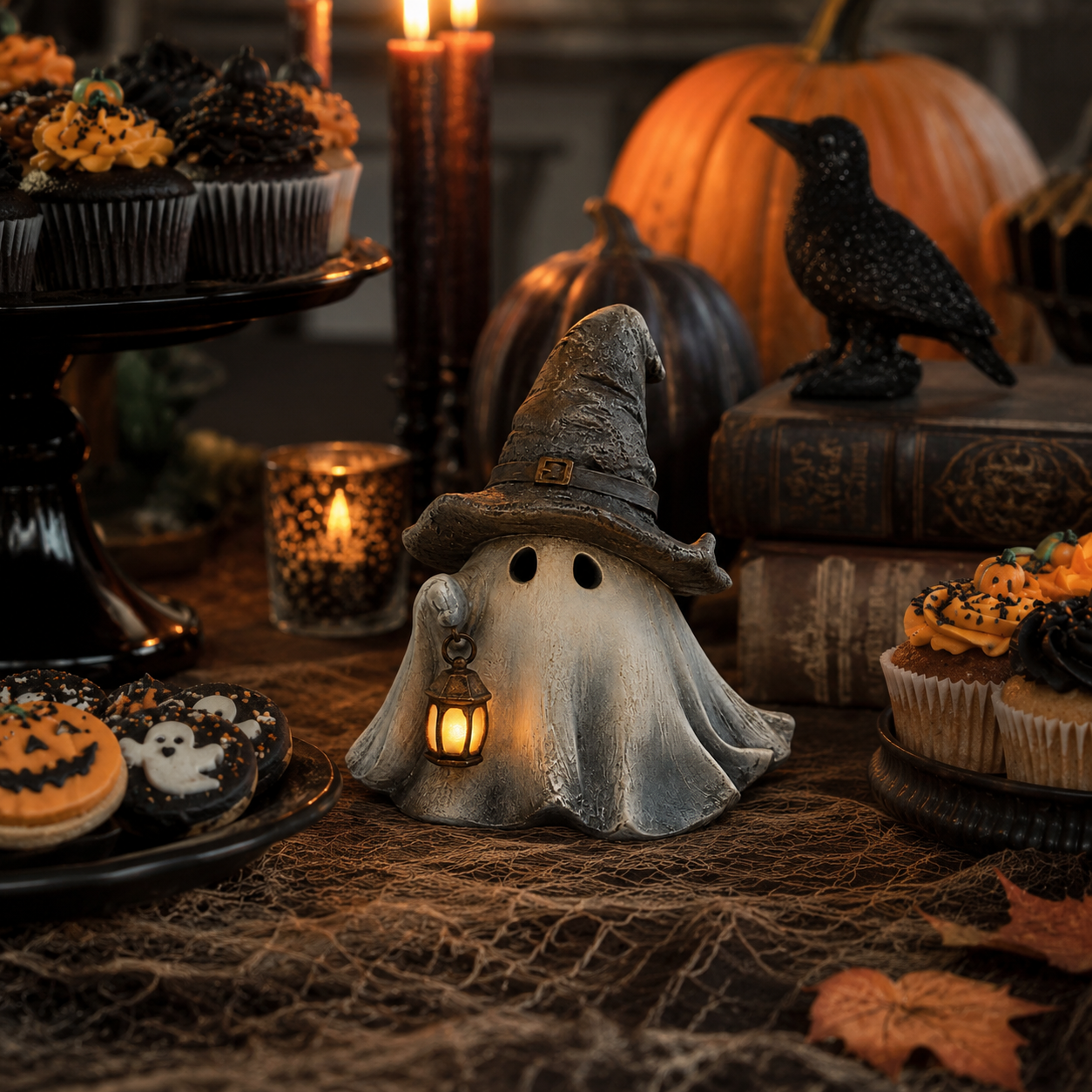 Lighted Witch Hat Ghost Lantern Figurine