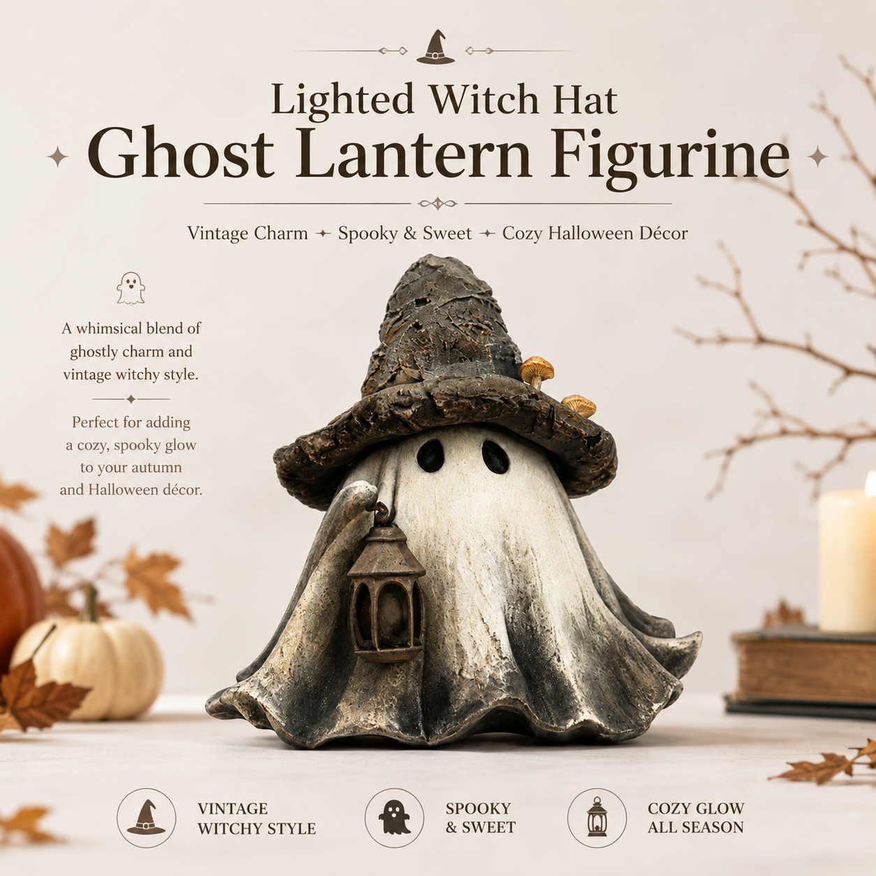Lighted Witch Hat Ghost Lantern Figurine