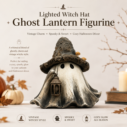 Lighted Witch Hat Ghost Lantern Figurine