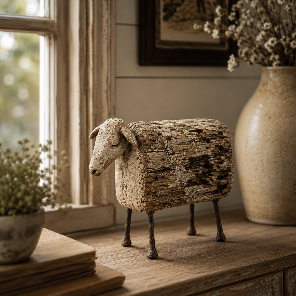 Vintage Distressed Sheep  Sculpture