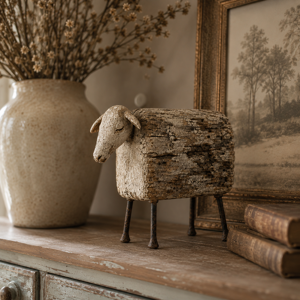 Vintage Distressed Sheep  Sculpture