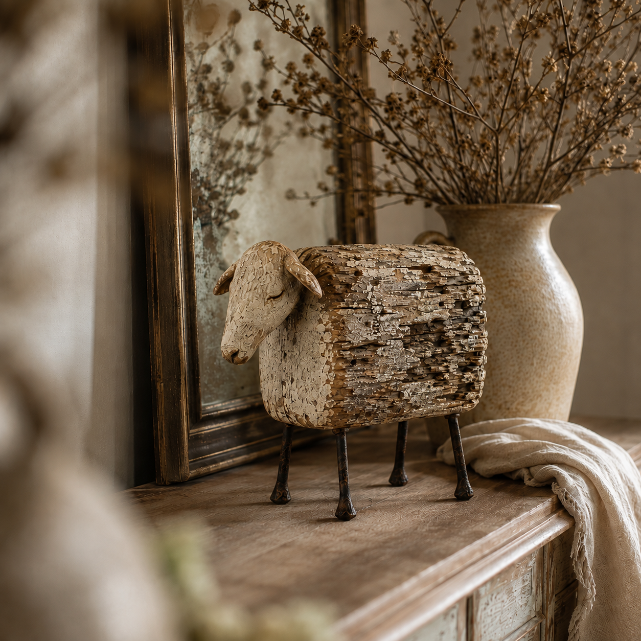 Vintage Distressed Sheep  Sculpture