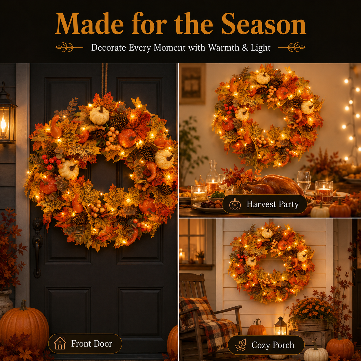 🍂🎃Autumn Pumpkin Pine Cone Wreath with Lights