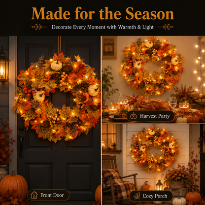 🍂🎃Autumn Pumpkin Pine Cone Wreath with Lights