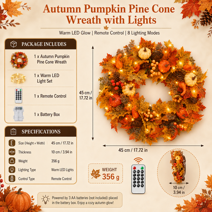 🍂🎃Autumn Pumpkin Pine Cone Wreath with Lights