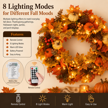 🍂🎃Autumn Pumpkin Pine Cone Wreath with Lights