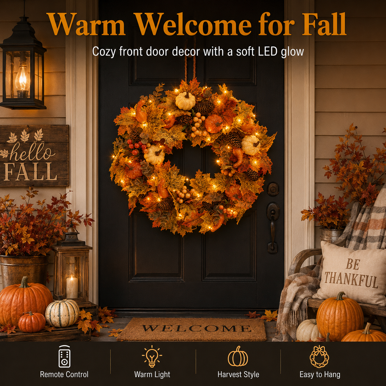 🍂🎃Autumn Pumpkin Pine Cone Wreath with Lights