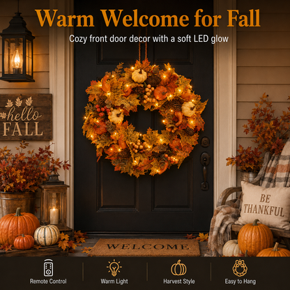 🍂🎃Autumn Pumpkin Pine Cone Wreath with Lights
