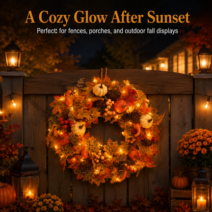 🍂🎃Autumn Pumpkin Pine Cone Wreath with Lights