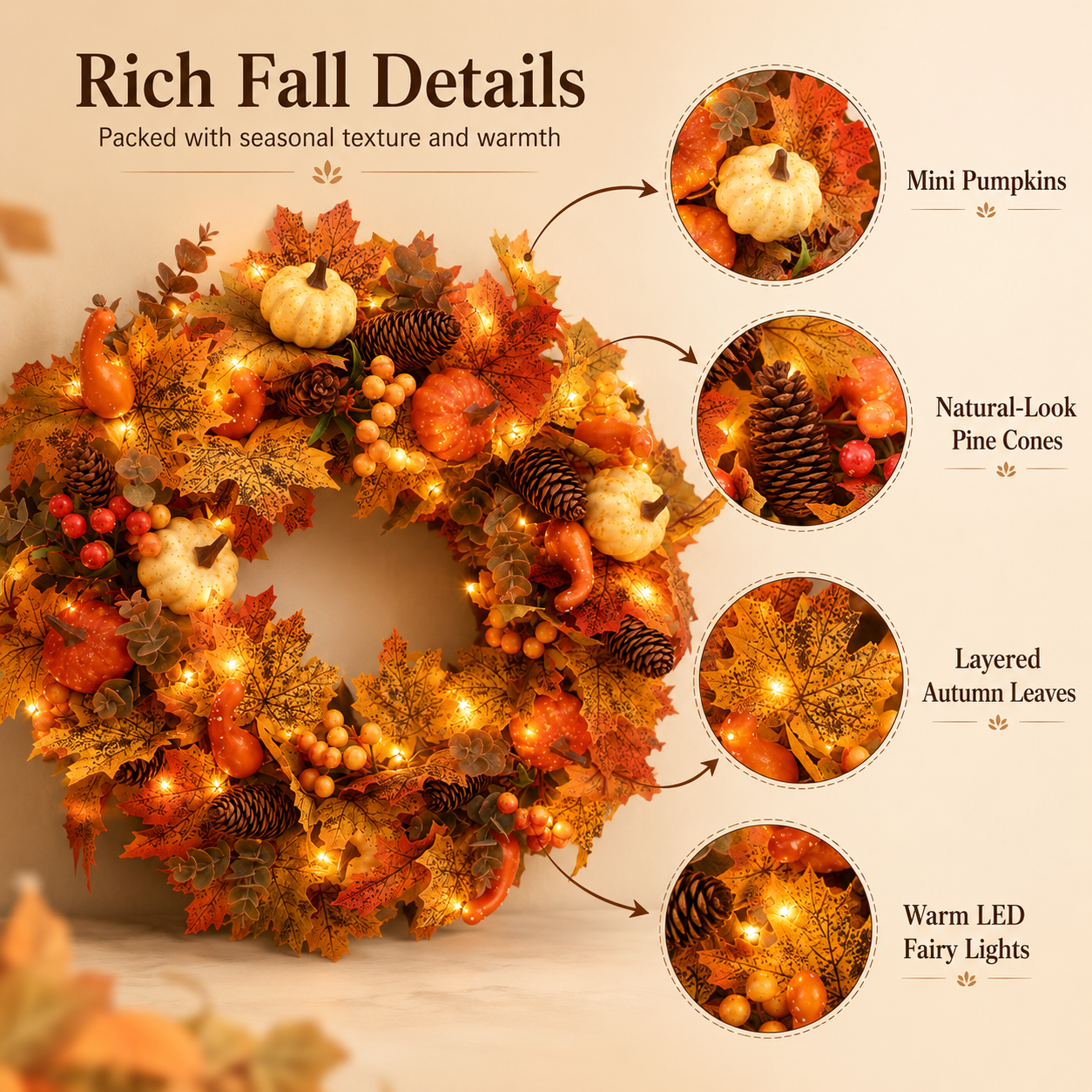 🍂🎃Autumn Pumpkin Pine Cone Wreath with Lights