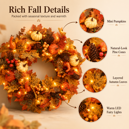 🍂🎃Autumn Pumpkin Pine Cone Wreath with Lights