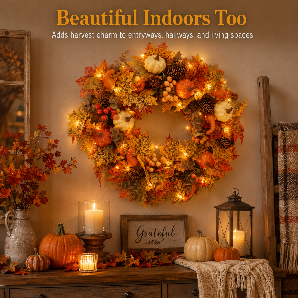 🍂🎃Autumn Pumpkin Pine Cone Wreath with Lights