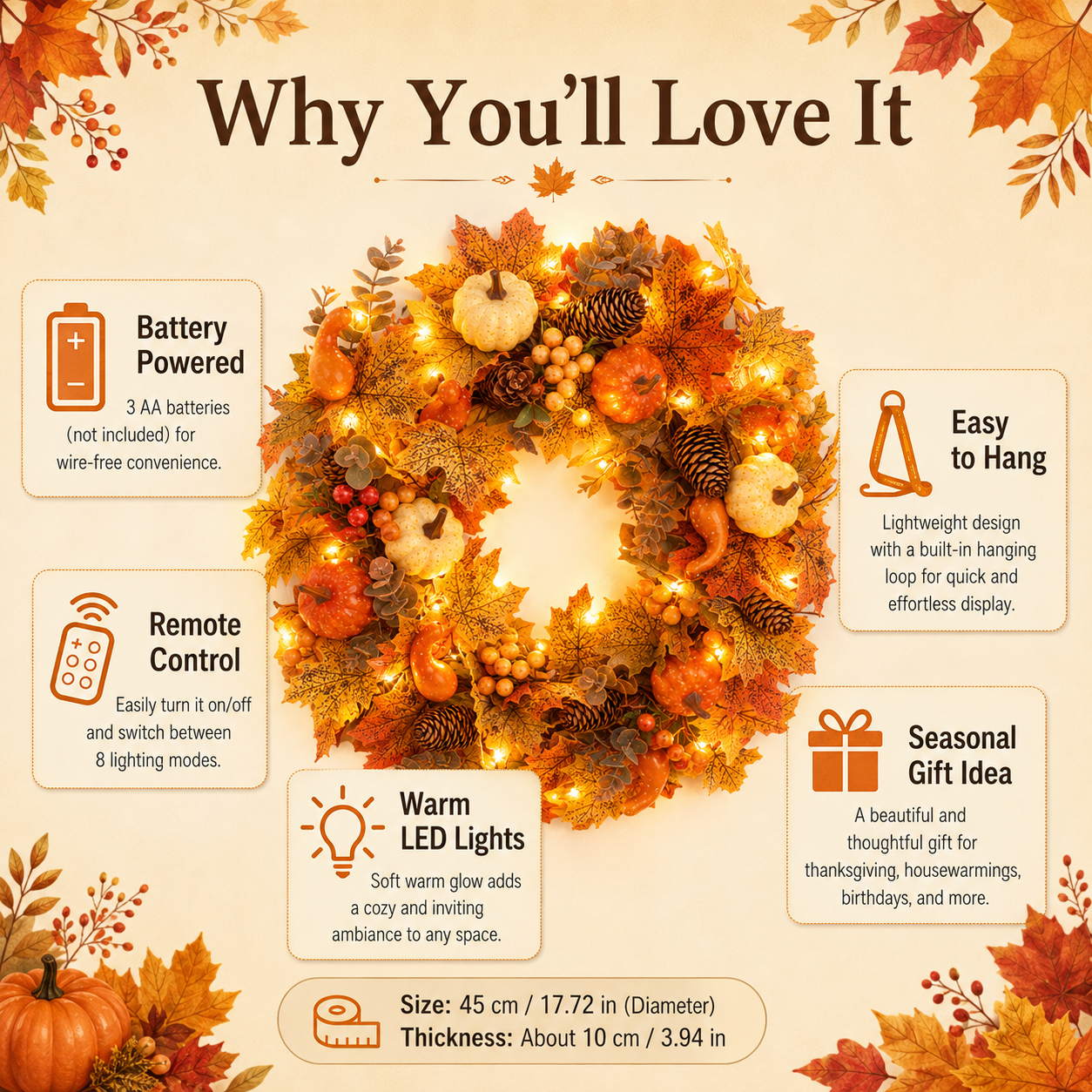 🍂🎃Autumn Pumpkin Pine Cone Wreath with Lights