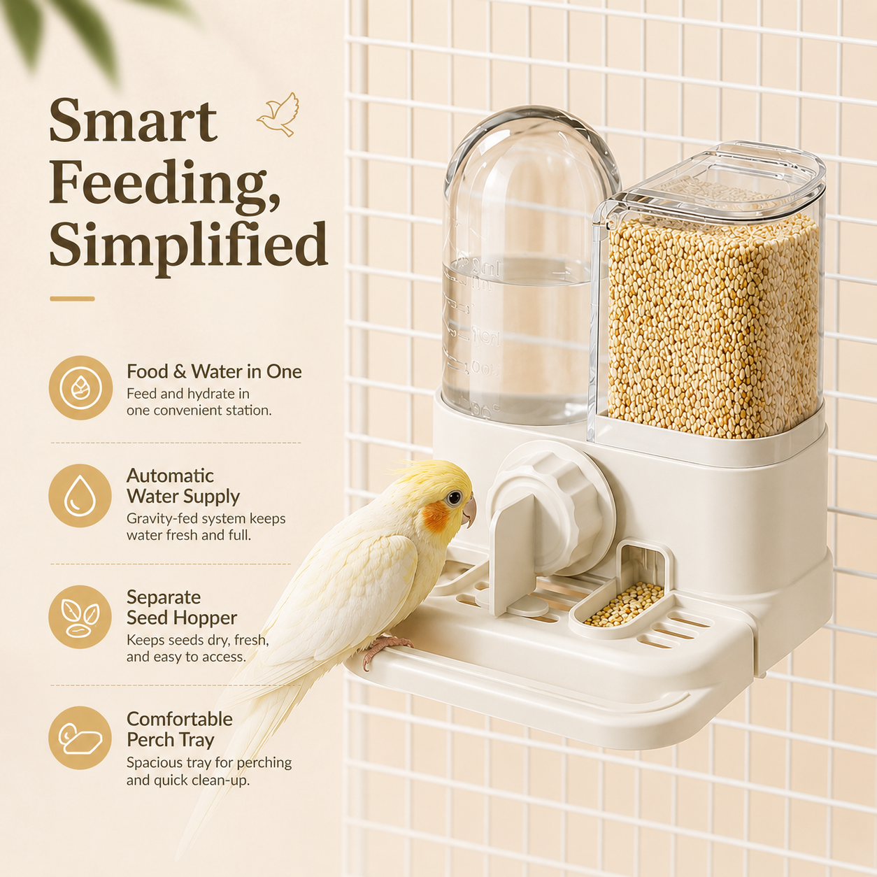 🐦✨ 2-in-1 Automatic Bird Feeder and Waterer – Saves cage space and reduces feeding clutter 🧊