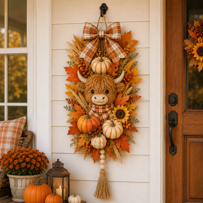 🐮🏡🍂 Highland Cow Harvest Door Decoration with Warm Lights