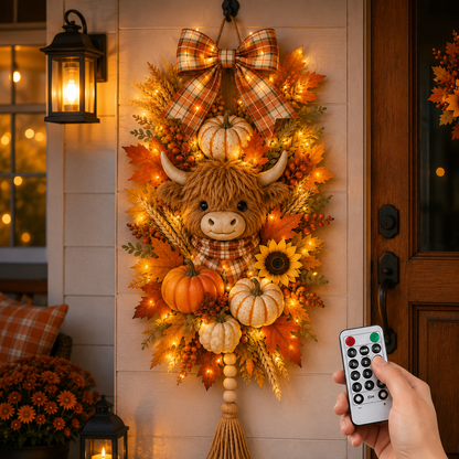 🐮🏡🍂 Highland Cow Harvest Door Decoration with Warm Lights