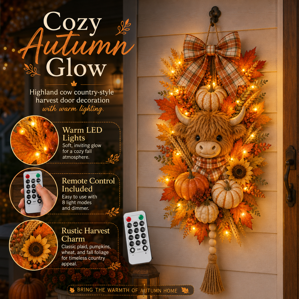 🐮🏡🍂 Highland Cow Harvest Door Decoration with Warm Lights