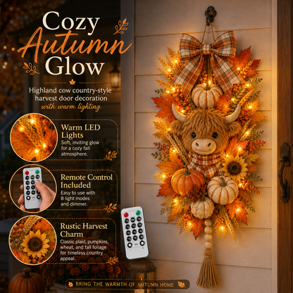 🐮🏡🍂 Highland Cow Harvest Door Decoration with Warm Lights