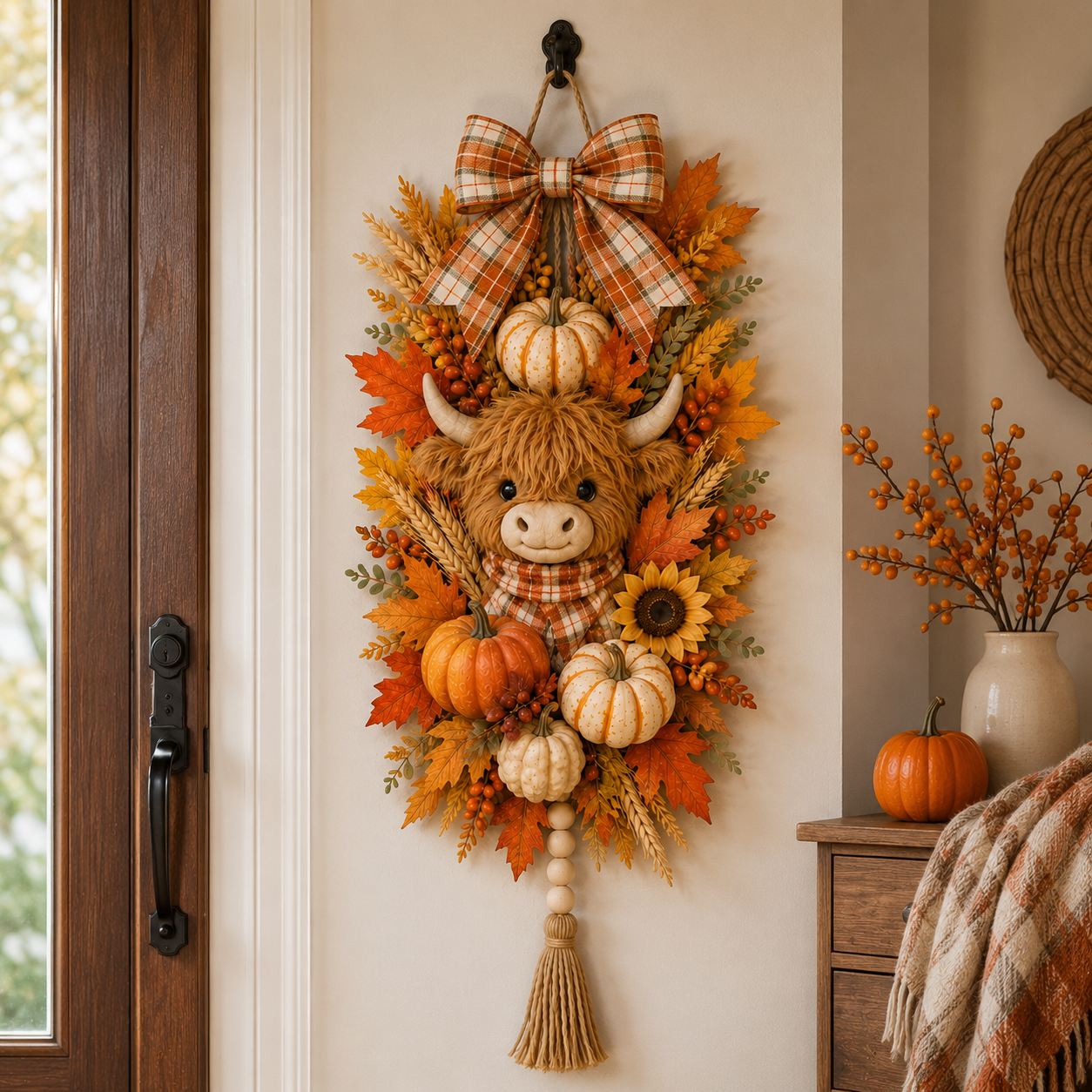 🐮🏡🍂 Highland Cow Harvest Door Decoration with Warm Lights