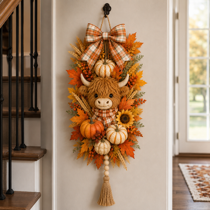 🐮🏡🍂 Highland Cow Harvest Door Decoration with Warm Lights