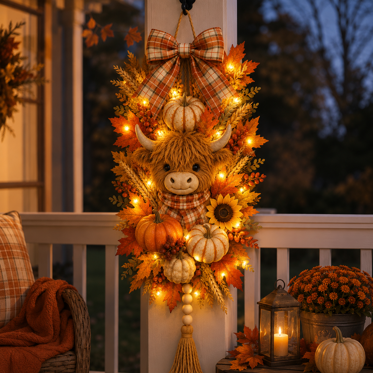 🐮🏡🍂 Highland Cow Harvest Door Decoration with Warm Lights