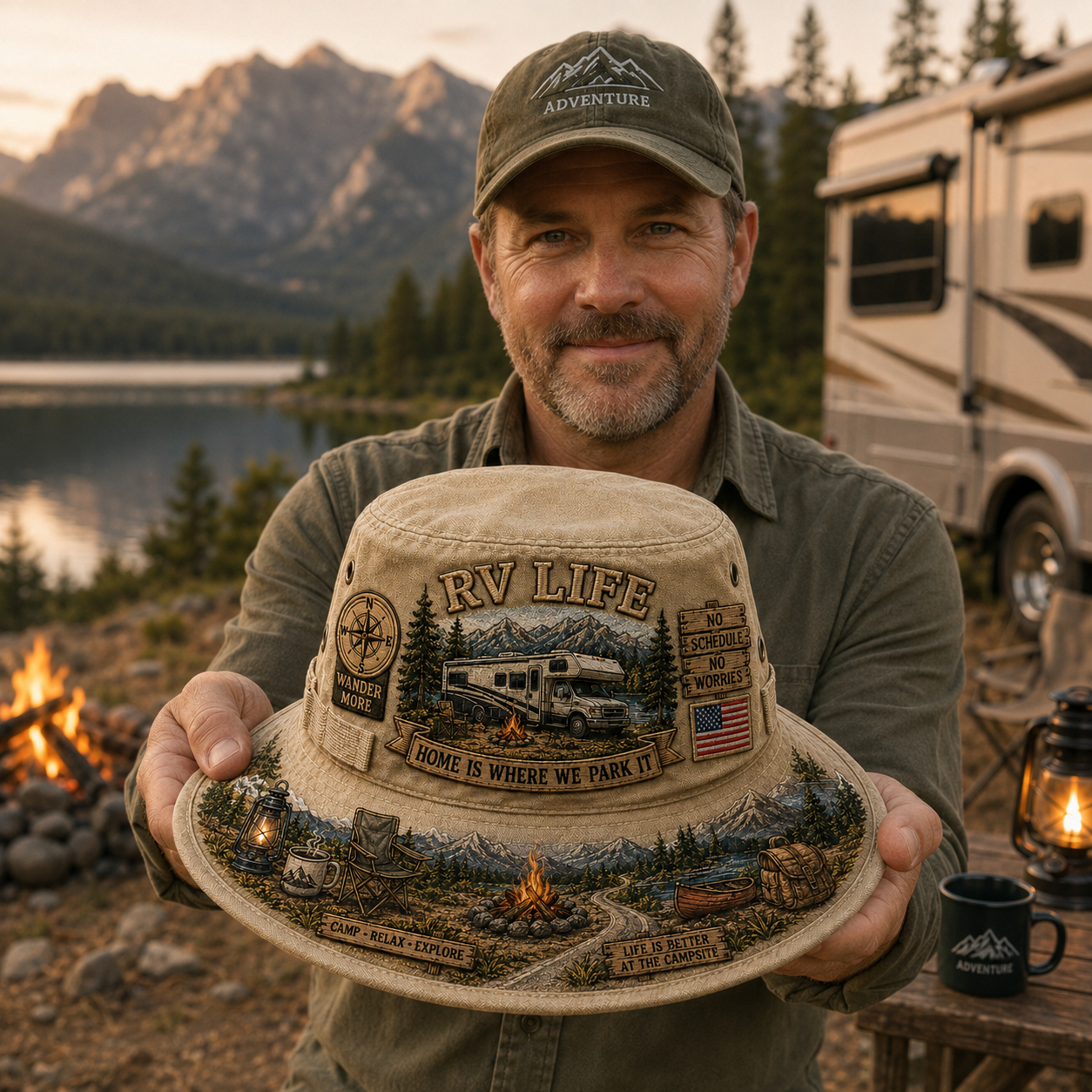 🚐🏕️Vintage RV Life Adventure Boonie Hat – Home Is Where We Park It