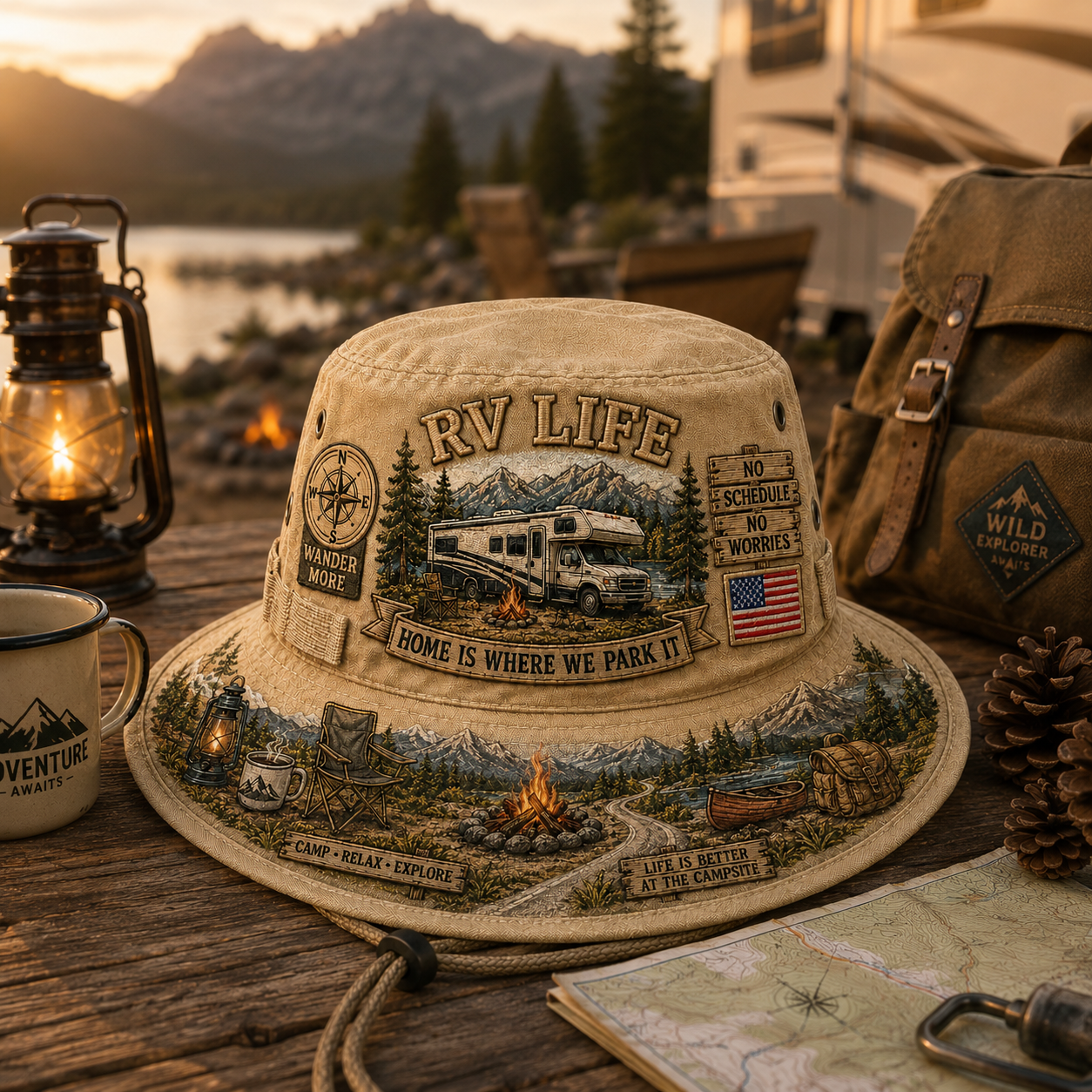 🚐🏕️Vintage RV Life Adventure Boonie Hat – Home Is Where We Park It