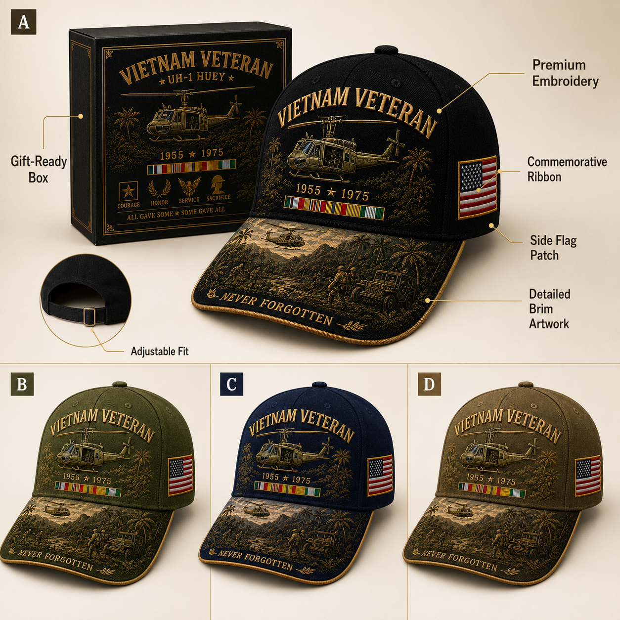 Vietnam Veteran UH-1 Huey Never Forgotten Commemorative Cap