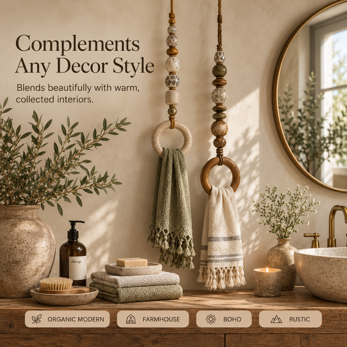 Decorative beaded towel holders styled in a warm neutral bathroom